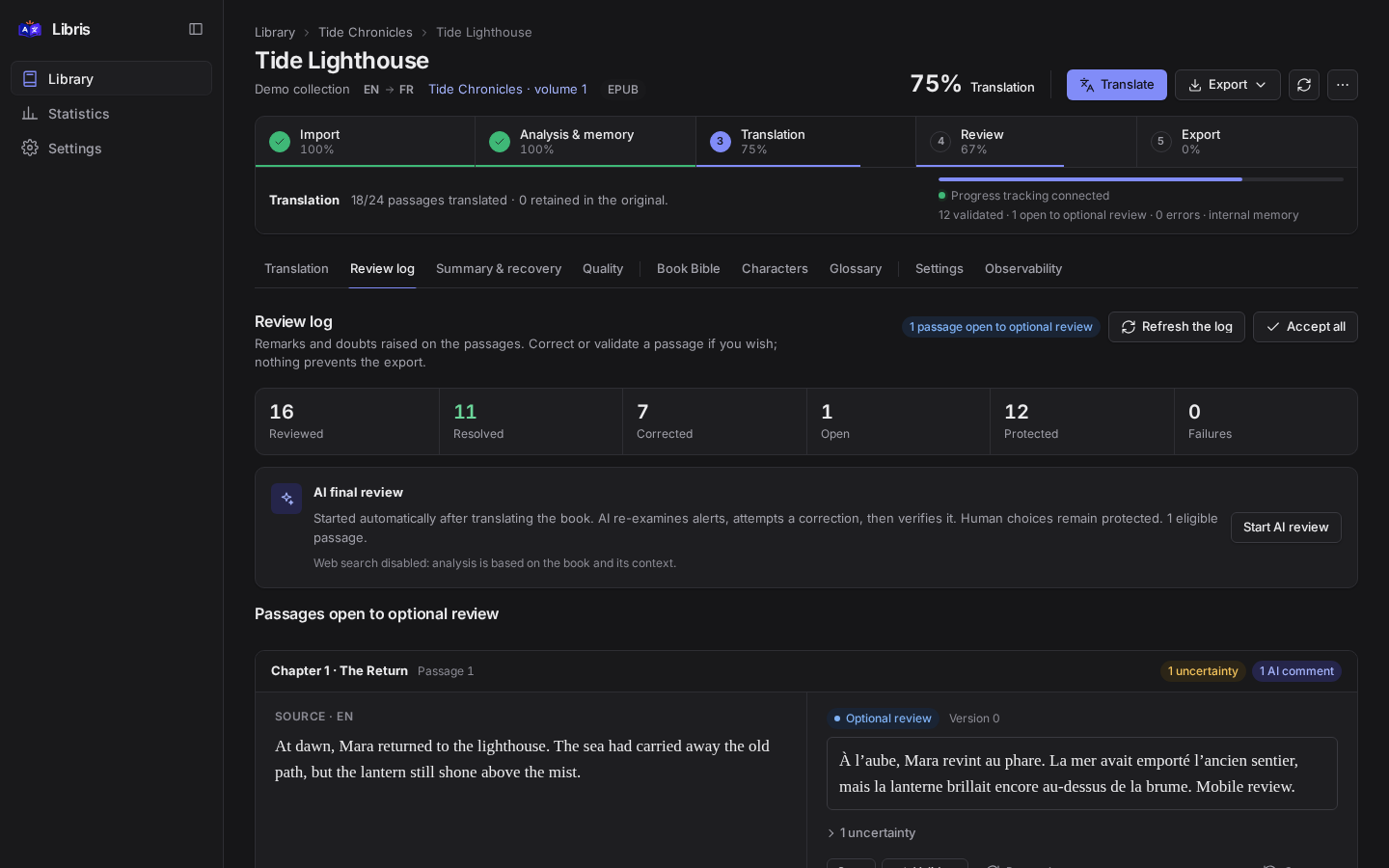 The review log in the dark theme: counters of reviewed passages and an AI suggestion to accept, edit or reject.