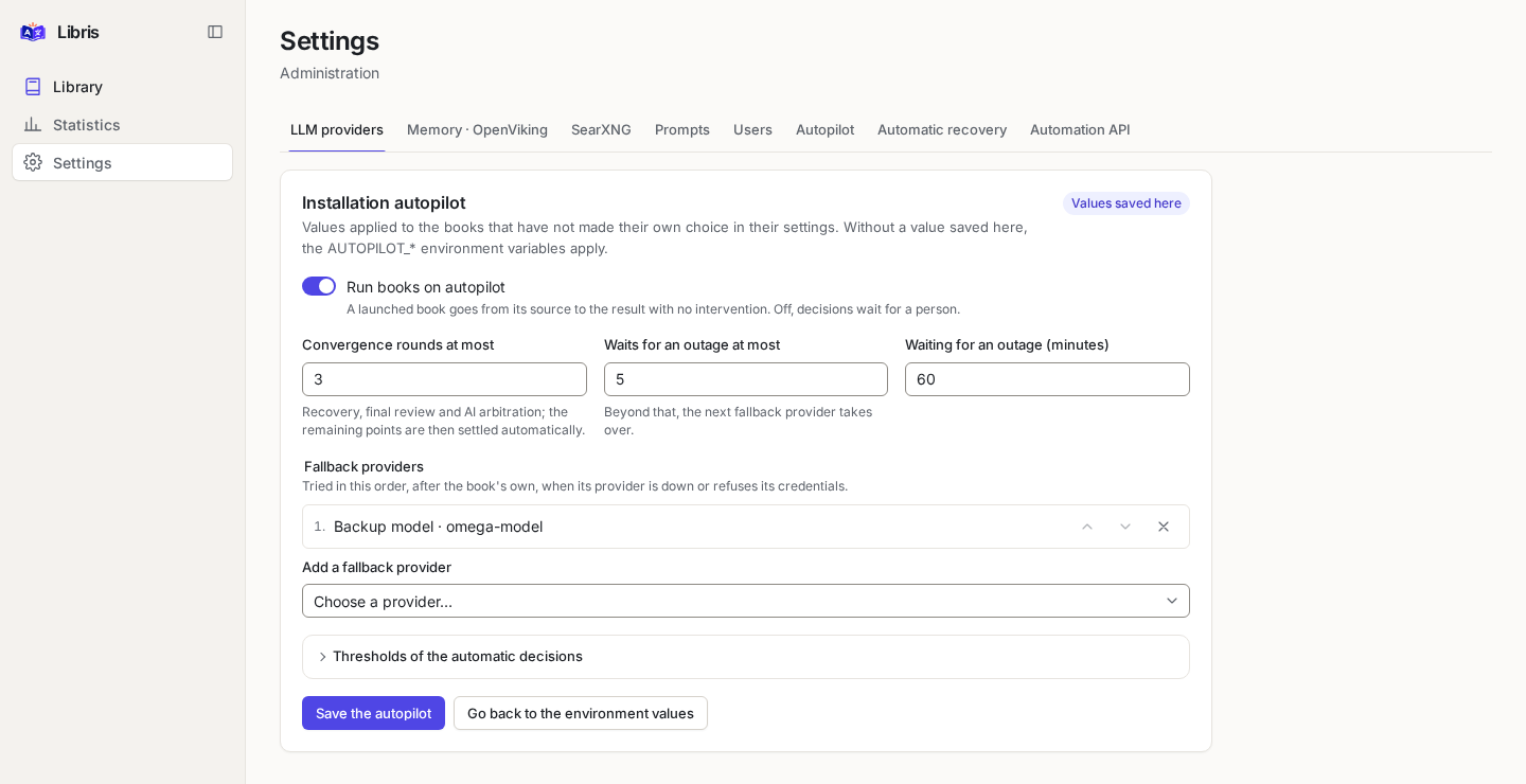 Autopilot settings: default switch, convergence rounds, outage retries and ordered fallback providers.