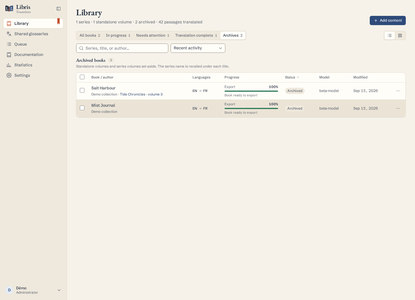 Le filtre Archives, avec un volume unique et un volume de série
