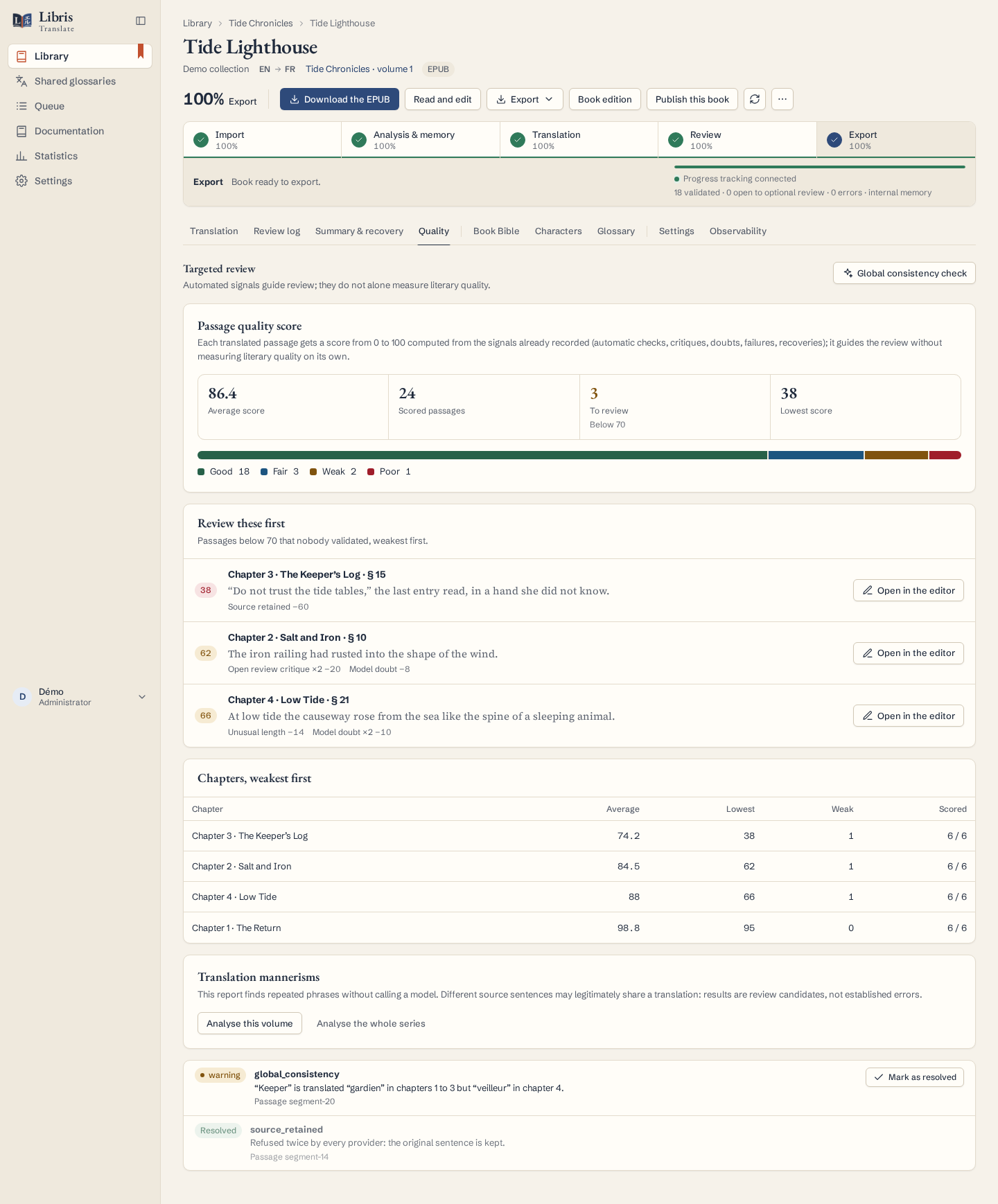 Onglet Qualité d’un livre : score moyen, répartition des scores, passages à relire en priorité et chapitres classés du plus faible au plus solide