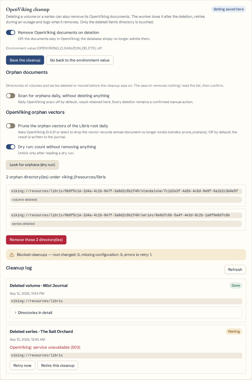 Carte Nettoyage d’OpenViking : nettoyage activé, deux dossiers orphelins trouvés par l’essai à blanc et journal des nettoyages